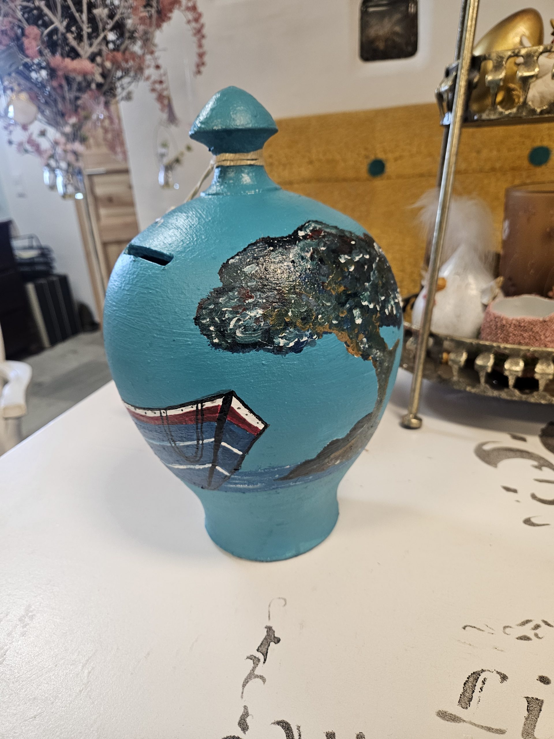 keramik-spardose-blau-boot-baum Keramik Spardose Boot